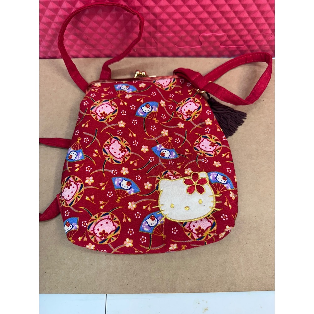 Sanrio Hello Kitty Red Japanese Chirimen Kiss Lock Crossbody Bag with Tassels